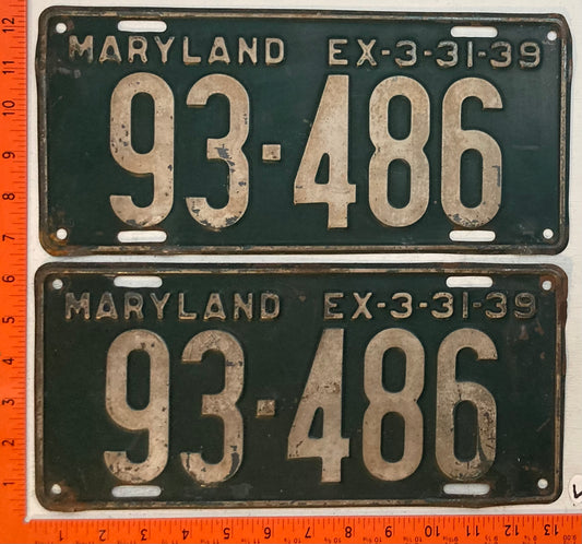 1939 Maryland #93-486 Passenger License Plate (Pair)
