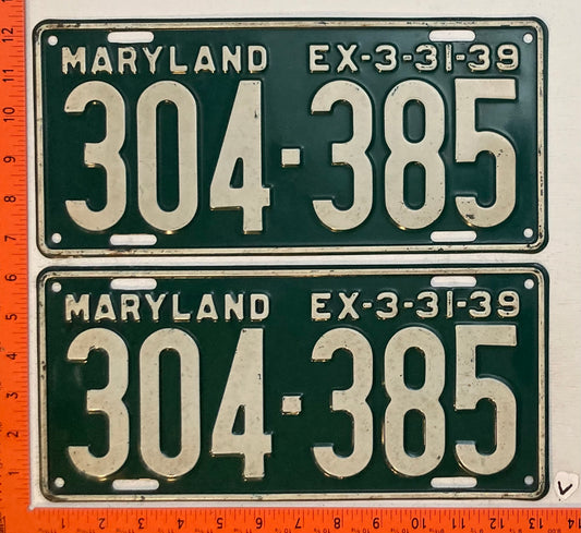 1939 Maryland #304-385 Passenger License Plate (Pair)