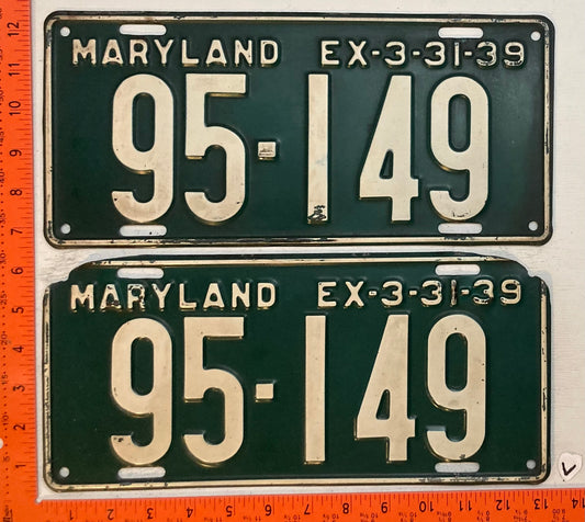 1939 Maryland #95-149 Passenger License Plate (Pair)