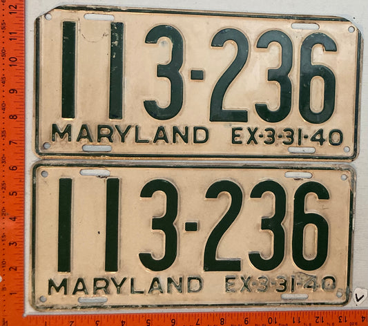 1940 Maryland #113-236 Passenger License Plate (Pair)