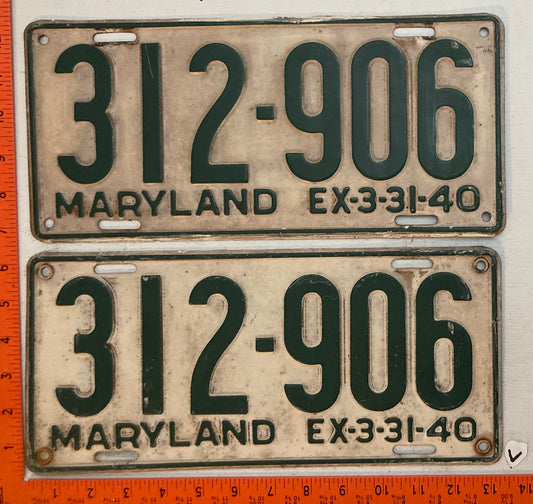 1940 Maryland #312-906 Passenger License Plate (Pair)