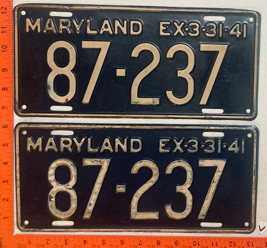 1941 Maryland #87-237 Passenger License Plate (Pair)