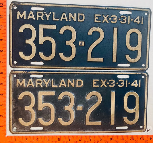 1941 Maryland #353-219 Passenger License Plate (Pair)