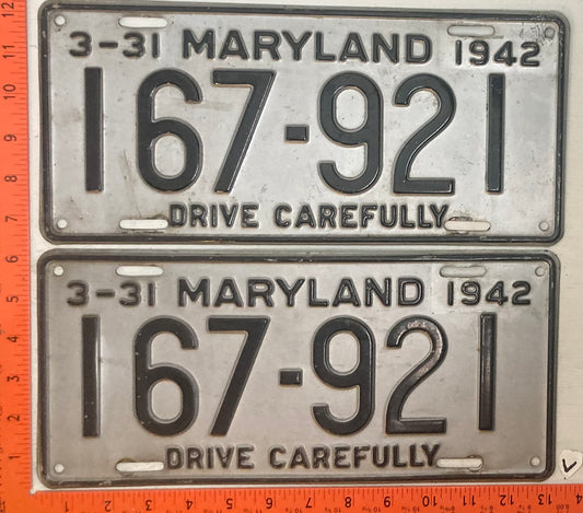 1942 Maryland #167-921 Passenger License Plate (Pair)
