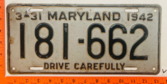 1942 Maryland #181-662 Passenger License Plate