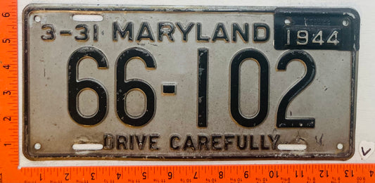 1944 Maryland #66-102 Passenger License Plate