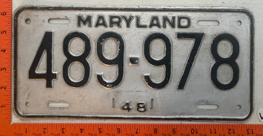 1948 Maryland #489-978 Passenger License Plate