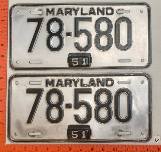 1951 Maryland #78-580 Passenger License Plate (Pair)