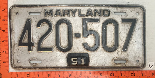 1951 Maryland #420-507 Passenger License Plate