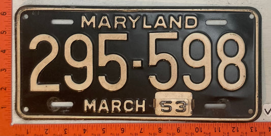 1953 Maryland #295-598 Passenger License Plate