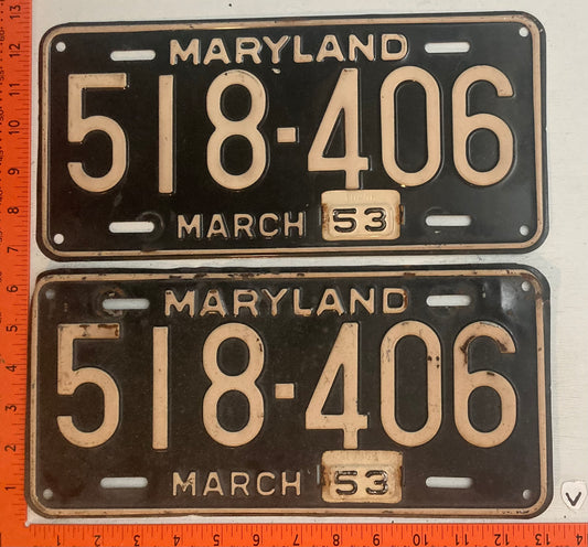 1953 Maryland #518-406 Passenger License Plate (Pair)