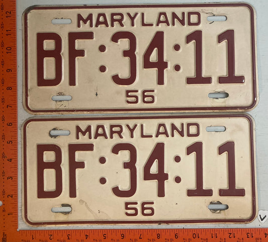 1956 Maryland #BF-34-11 Passenger License Plate (Pair)