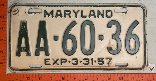 1957 Maryland #AA-60-36 Passenger License Plate