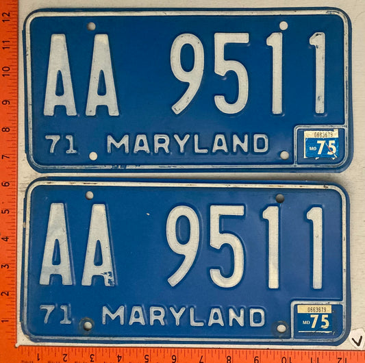 1975 Maryland #AA 9511 Passenger License Plate (Pair)