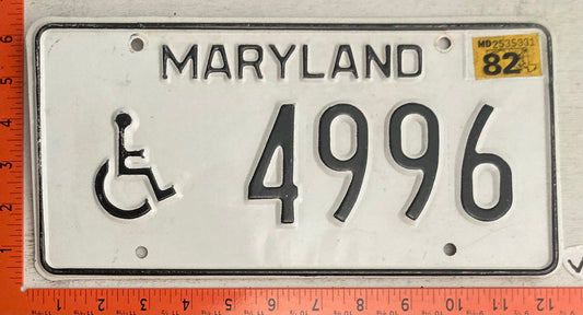 1982 Maryland #4996 Handicapped License Plate