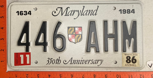 1986 Maryland #446 AHM 350th Anniversary Optional  License Plate