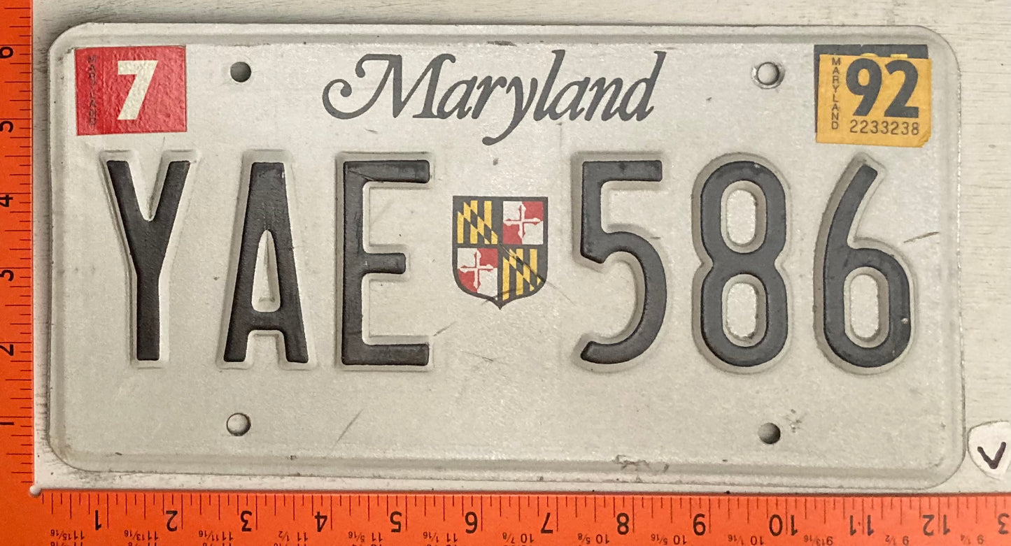 1992 Maryland #YAE 586 Passenger License Plate