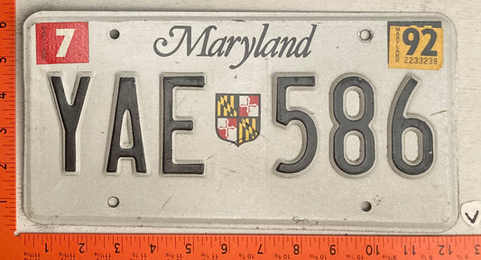 1992 Maryland #YAE 586 Passenger License Plate