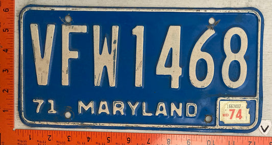 1974 Maryland #VFW1468 VFW Passenger License Plate