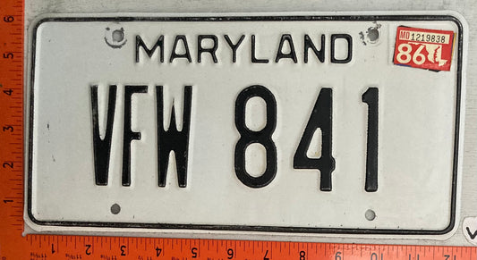 1986 Maryland #VFW 841 VFW Passenger License Plate