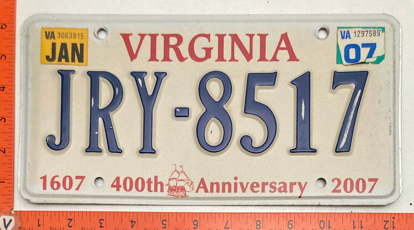 2007 Virginia #JRY-8517 Passenger License Plate