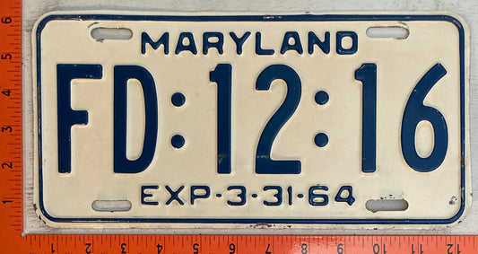 1964 Maryland #FD-12-16 Fire Department Passenger License Plate