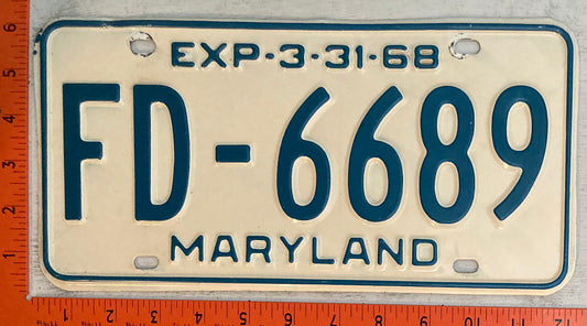 1968 Maryland #FD-6689 Fire Department Passenger License Plate