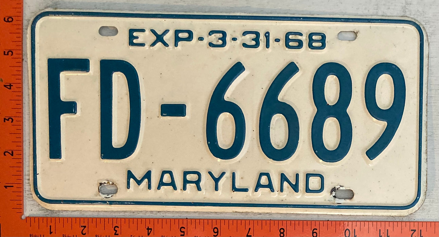 1968 Maryland #FD-6689 Fire Department Passenger License Plate