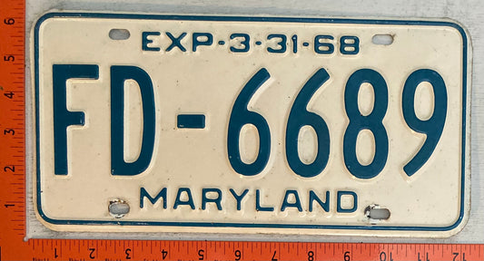 1968 Maryland #FD-6689 Fire Department Passenger License Plate