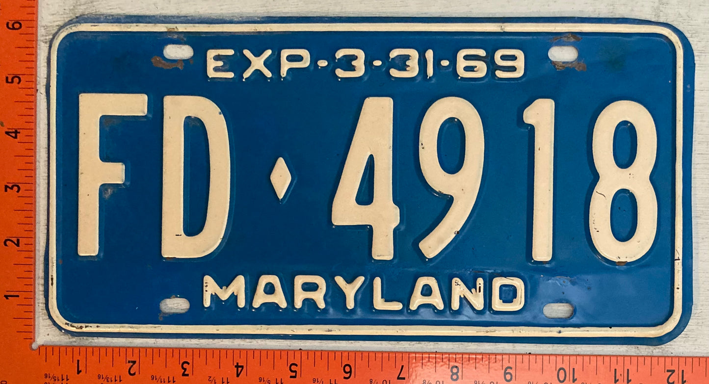 1969 Maryland #FD-4918 Fire Department Passenger License Plate