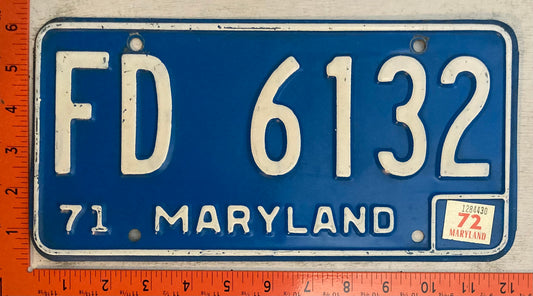 1972 Maryland #FD 6132 Fire Department Passenger License Plate