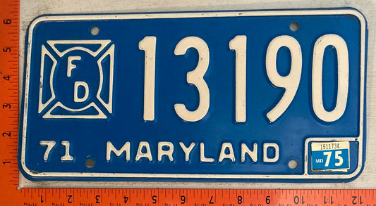 1975 Maryland #13190 Fire Department Passenger License Plate