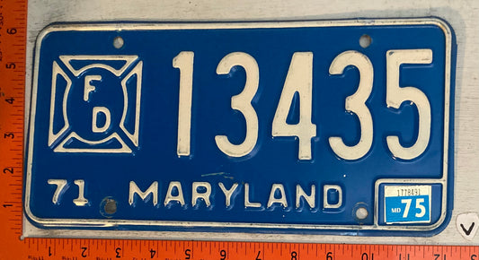 1975 Maryland #13435 Fire Department Passenger License Plate