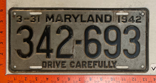 1942 Maryland #342-693 Passenger License Plate