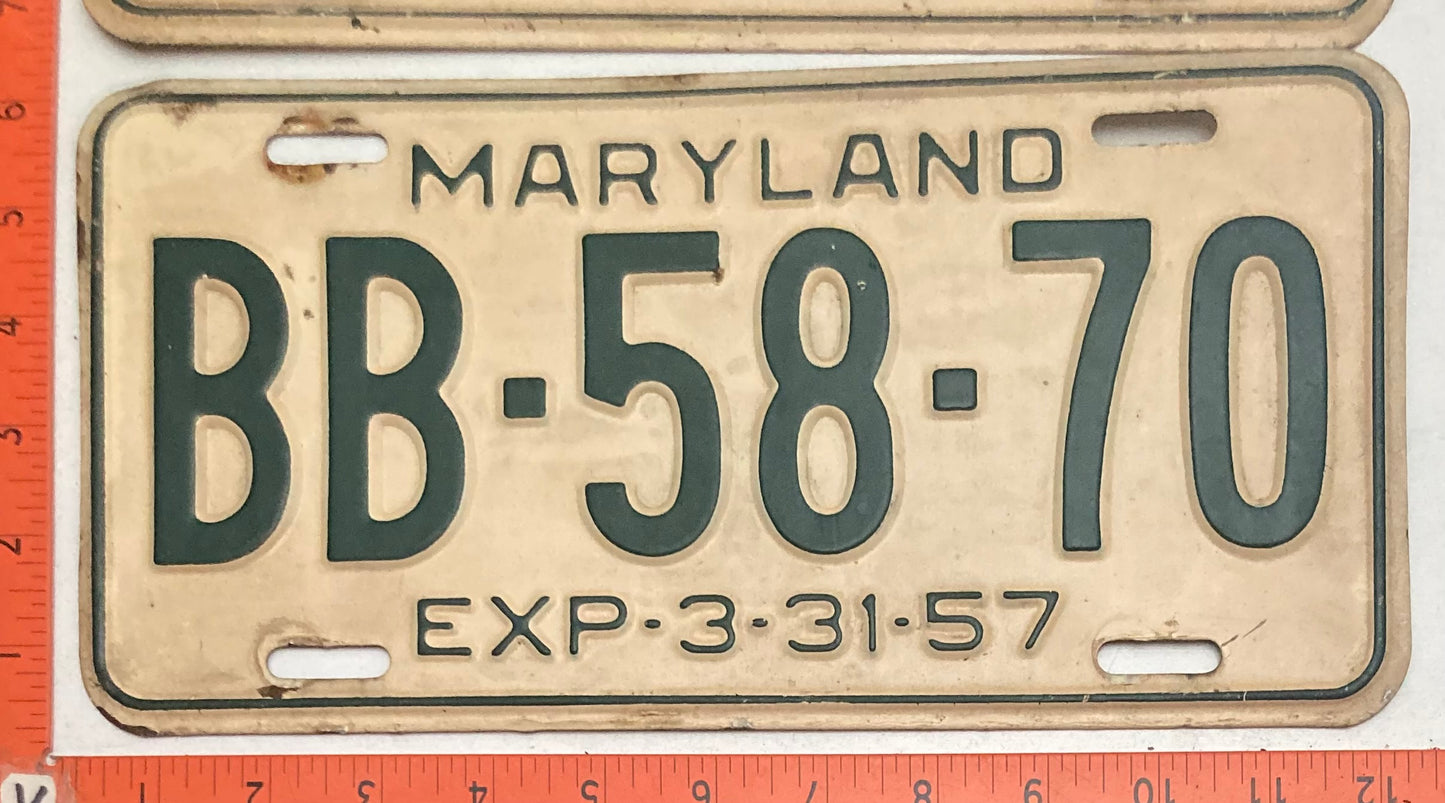 1957 Maryland #BB-58-70 Passenger License Plate PAIR