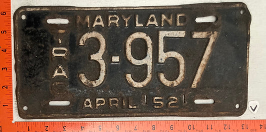 1952 Maryland #3-957 Tractor License Plate