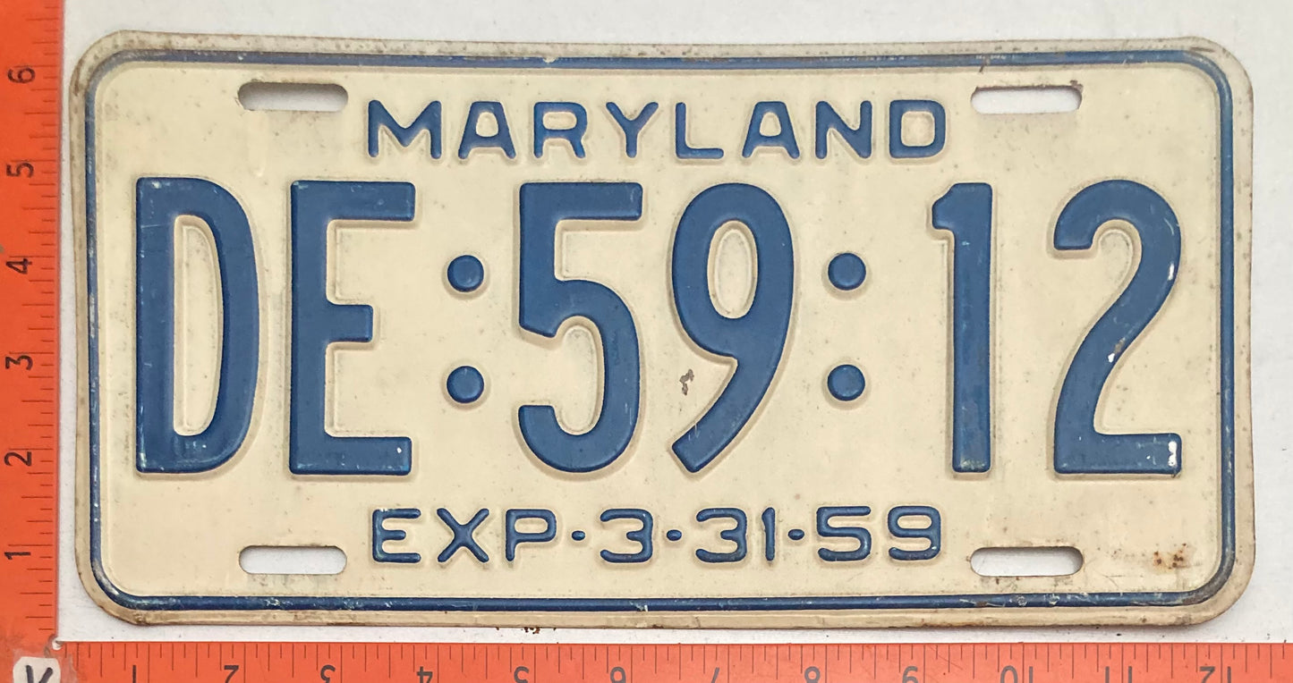 1959 Maryland #DE:59:12 Passenger License Plate