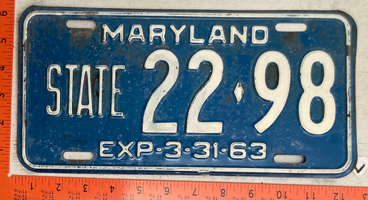 1963 Maryland #22-98 State License Plate