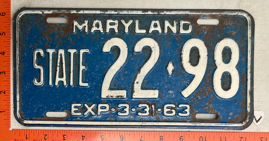 1963 Maryland #22-98 State License Plate