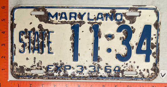1964 Maryland #11:34 State License Plate