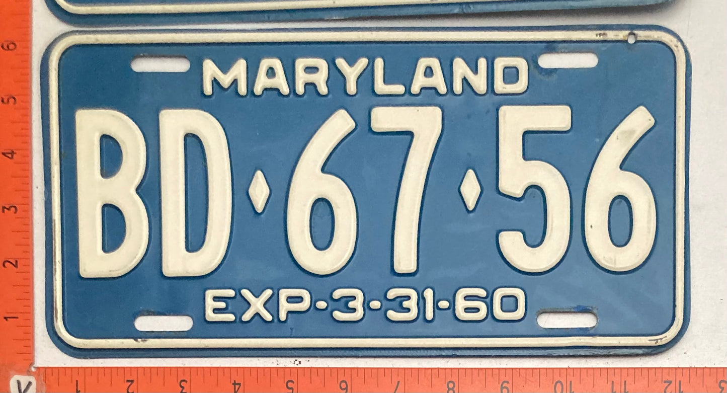 1960 Maryland #BD-67-56 Passenger License Plate PAIR