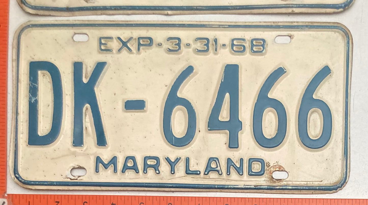 1968 Maryland #DK-6466 Passenger License Plate PAIR