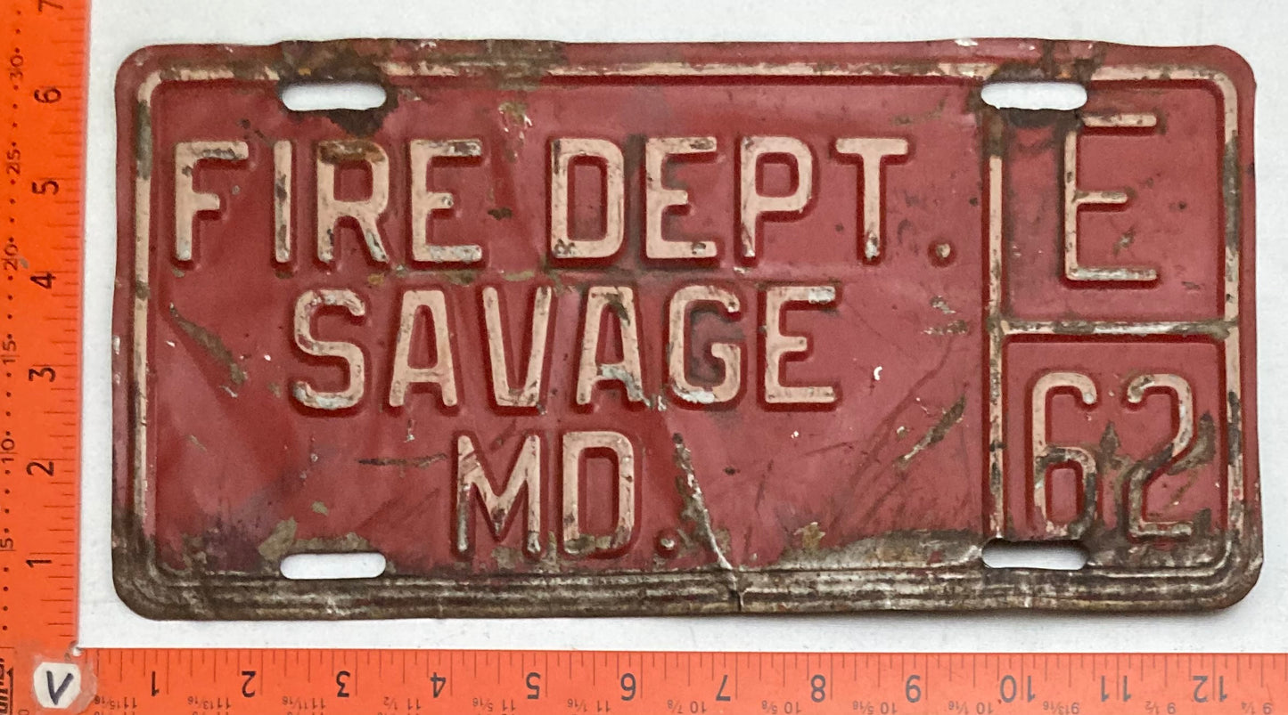 Undated Maryland #E 62 FIRE DEPT SAVAGE, MD License Plate