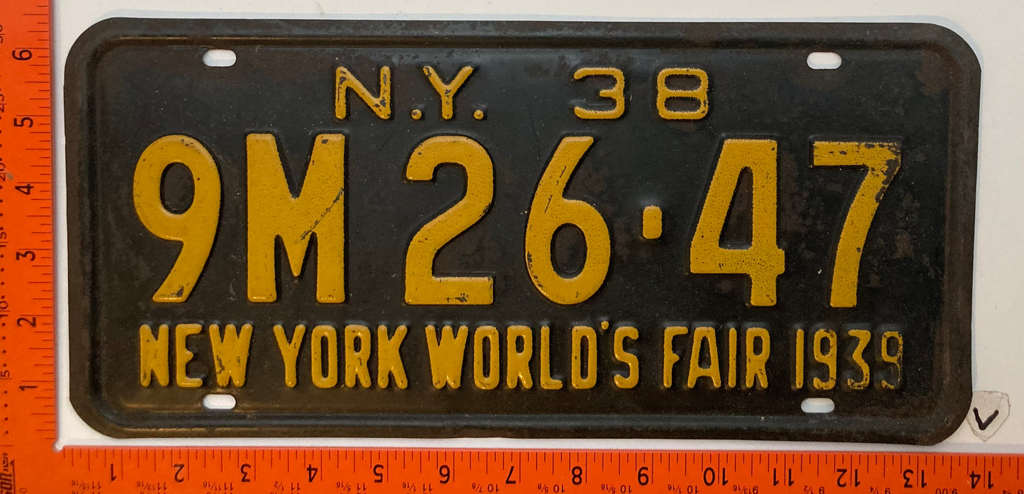 1938 New York #9M 26-47 Passenger License Plate