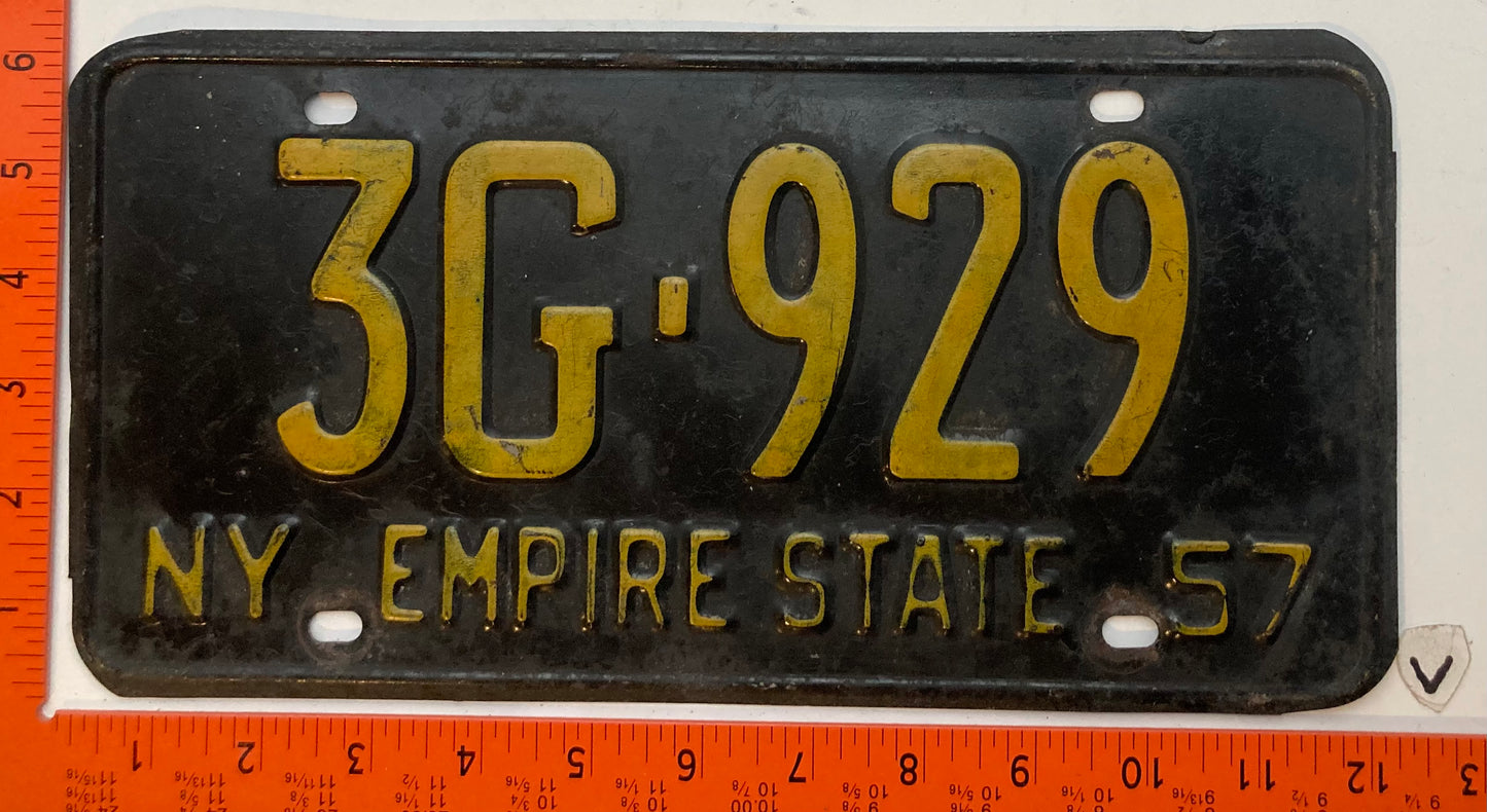 1957 New York #3G-929 Passenger License Plate