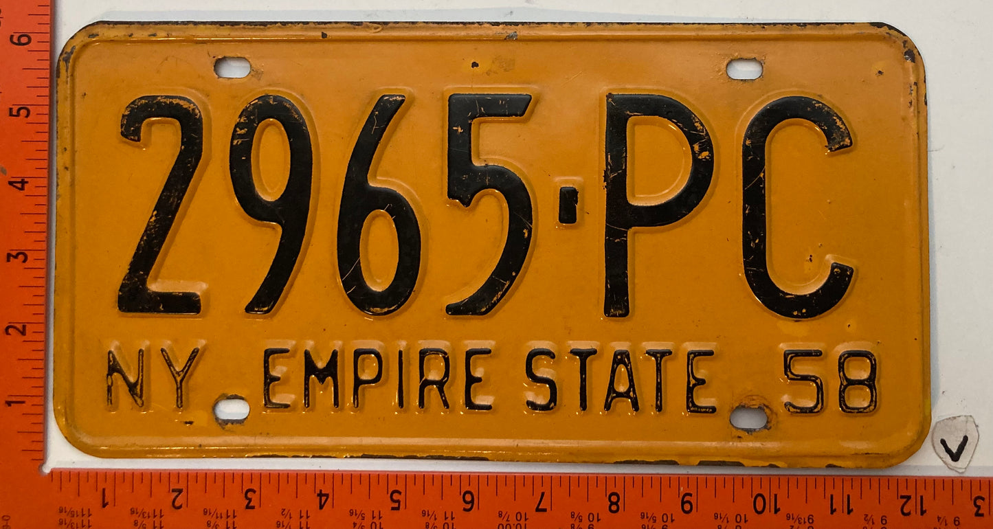 1958 New York #2965-PC Passenger License Plate