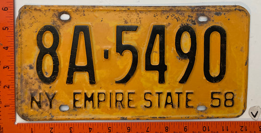 1958 New York #8A-5490 Passenger License Plate