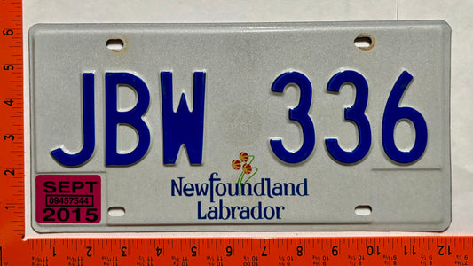 2015 Newfoundland #JBW 336 Passenger License Plate