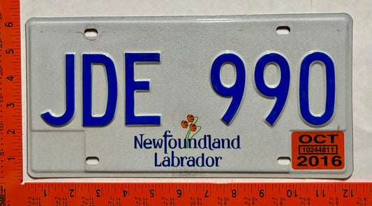 2016 Newfoundland #JDE 990 Passenger License Plate