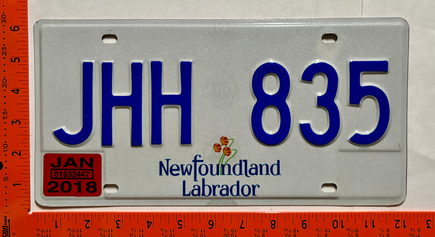 2018 Newfoundland #JHH 835 Passenger License Plate